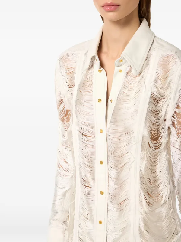 Elisabetta Franchi Distressed Fringed Shirt | Neutrals | FARFETCH