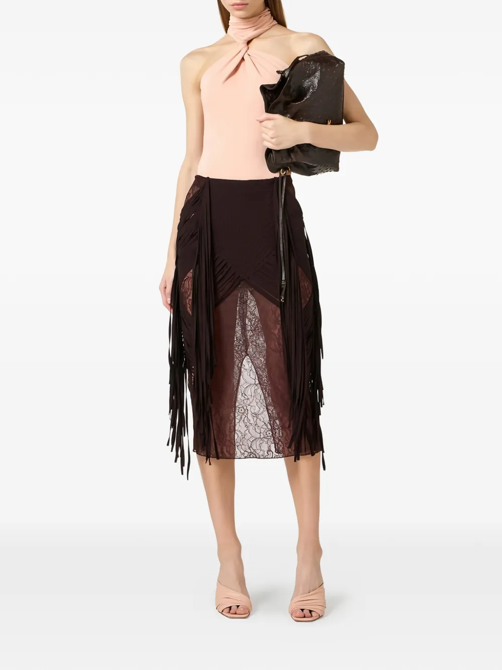  Elisabetta Franchi Floral-lace Fringed Midi Skirt - Brown 