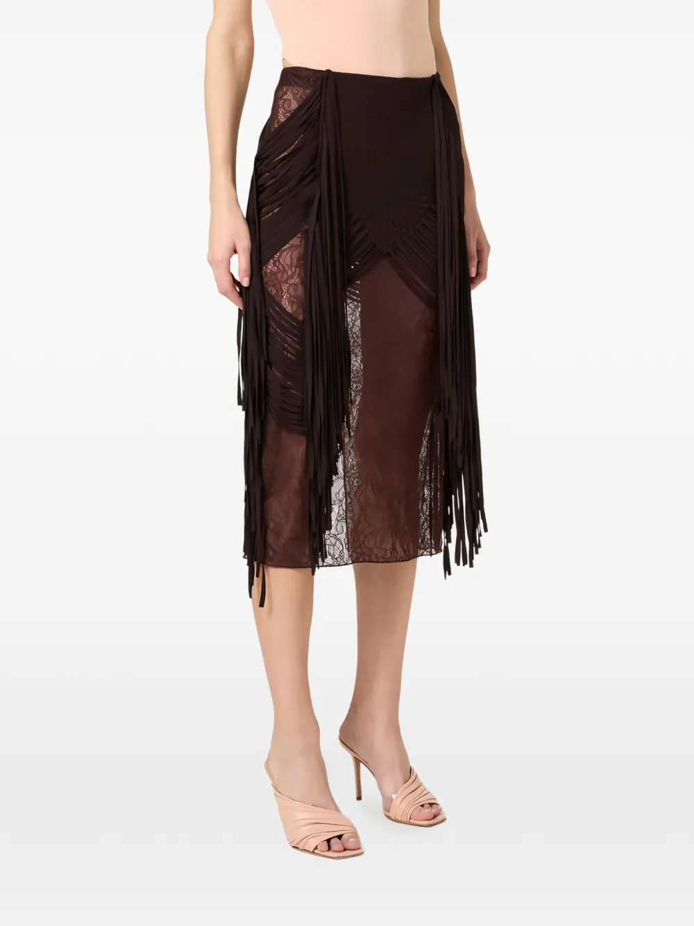 Elisabetta Franchi Midi-rok met bloemenkant en franje Bruin