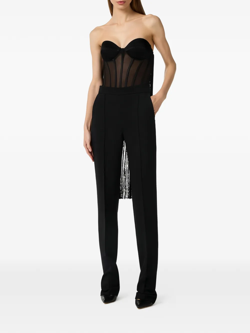  Elisabetta Franchi Tulle Fringe Bustier Top - Black 