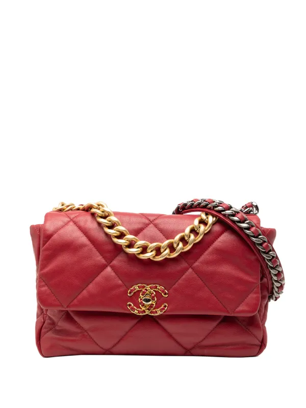 Chanel Pre-owned 2019 Large Lambskin 19 Flap Satchel in Red