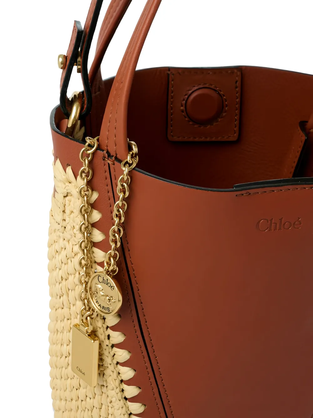 Chloé Spin kleine bucket-tas met geweven vlakken en bedel Bruin