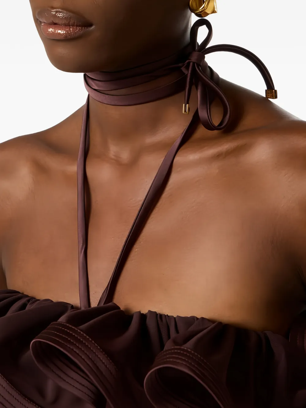 Elisabetta Franchi Off-shoulder jumpsuit met ruches Bruin