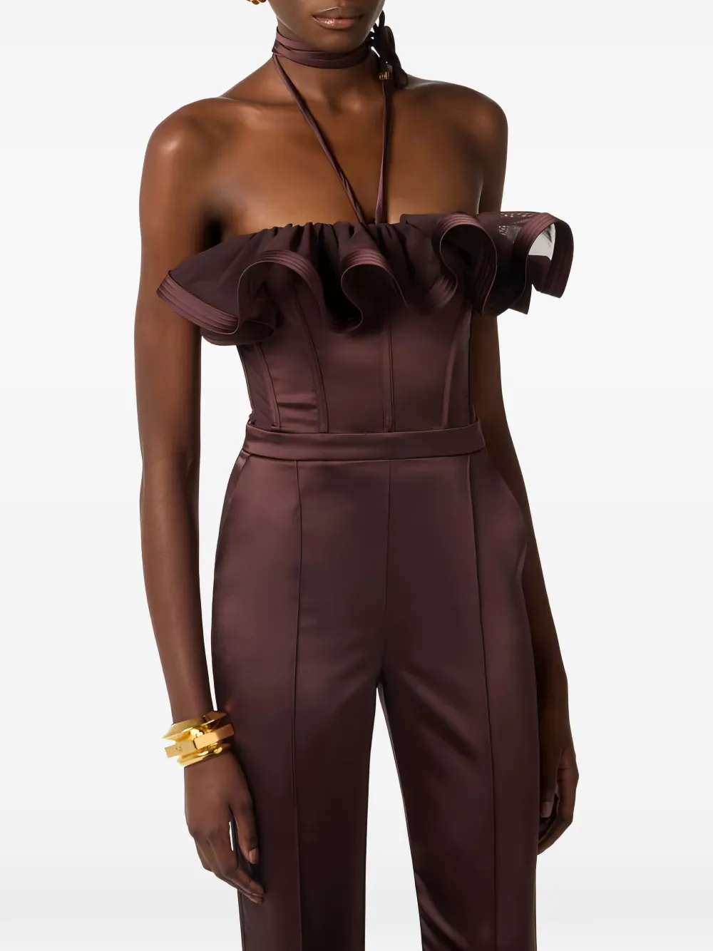 Elisabetta Franchi Off-shoulder jumpsuit met ruches Bruin