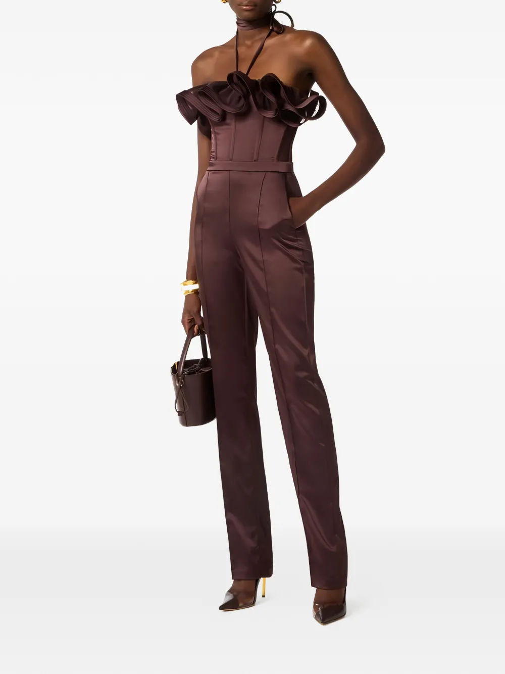 Elisabetta Franchi Off-shoulder jumpsuit met ruches Bruin