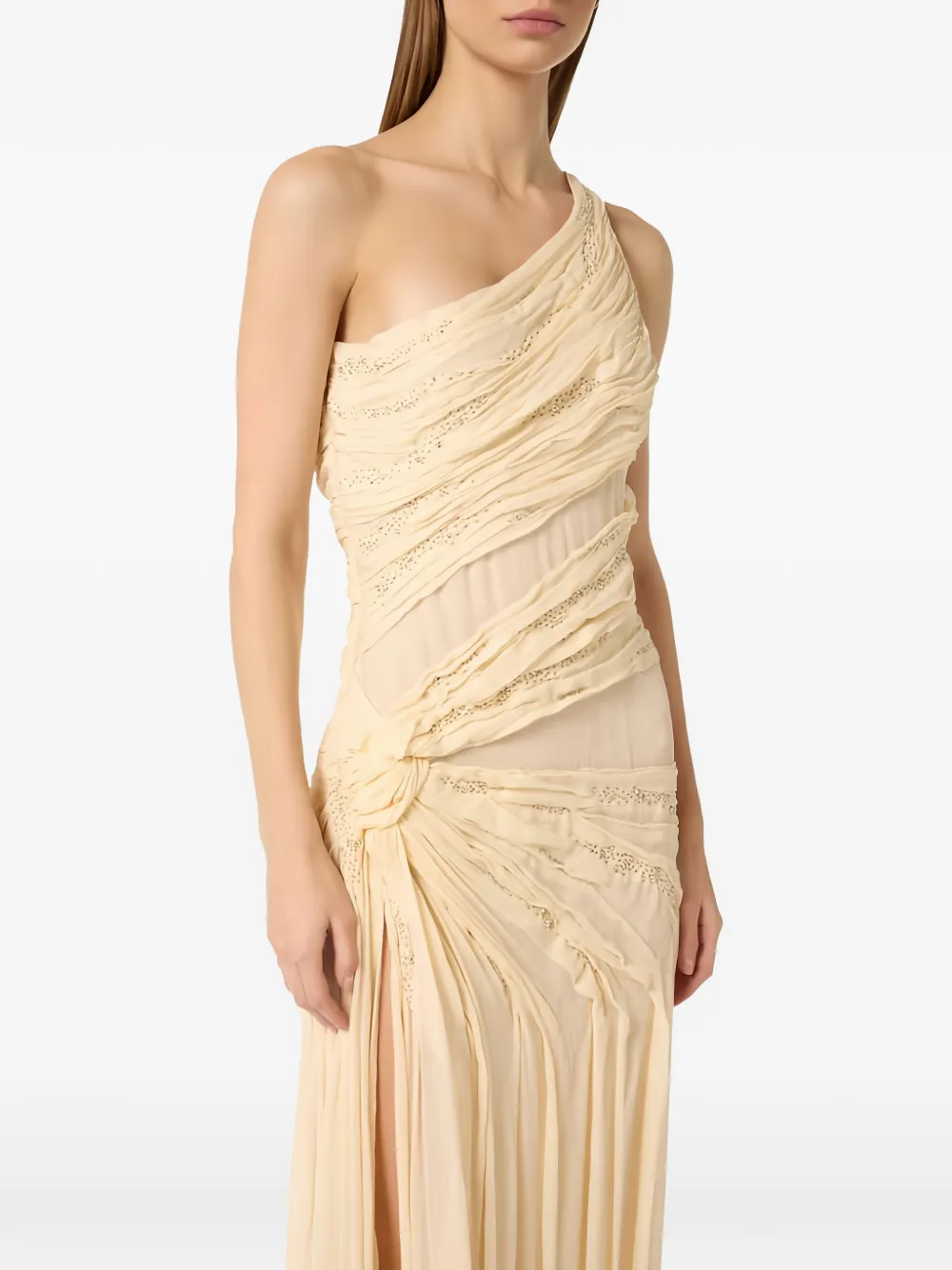 Elisabetta Franchi Asymmetrische maxi-jurk met kralen Beige