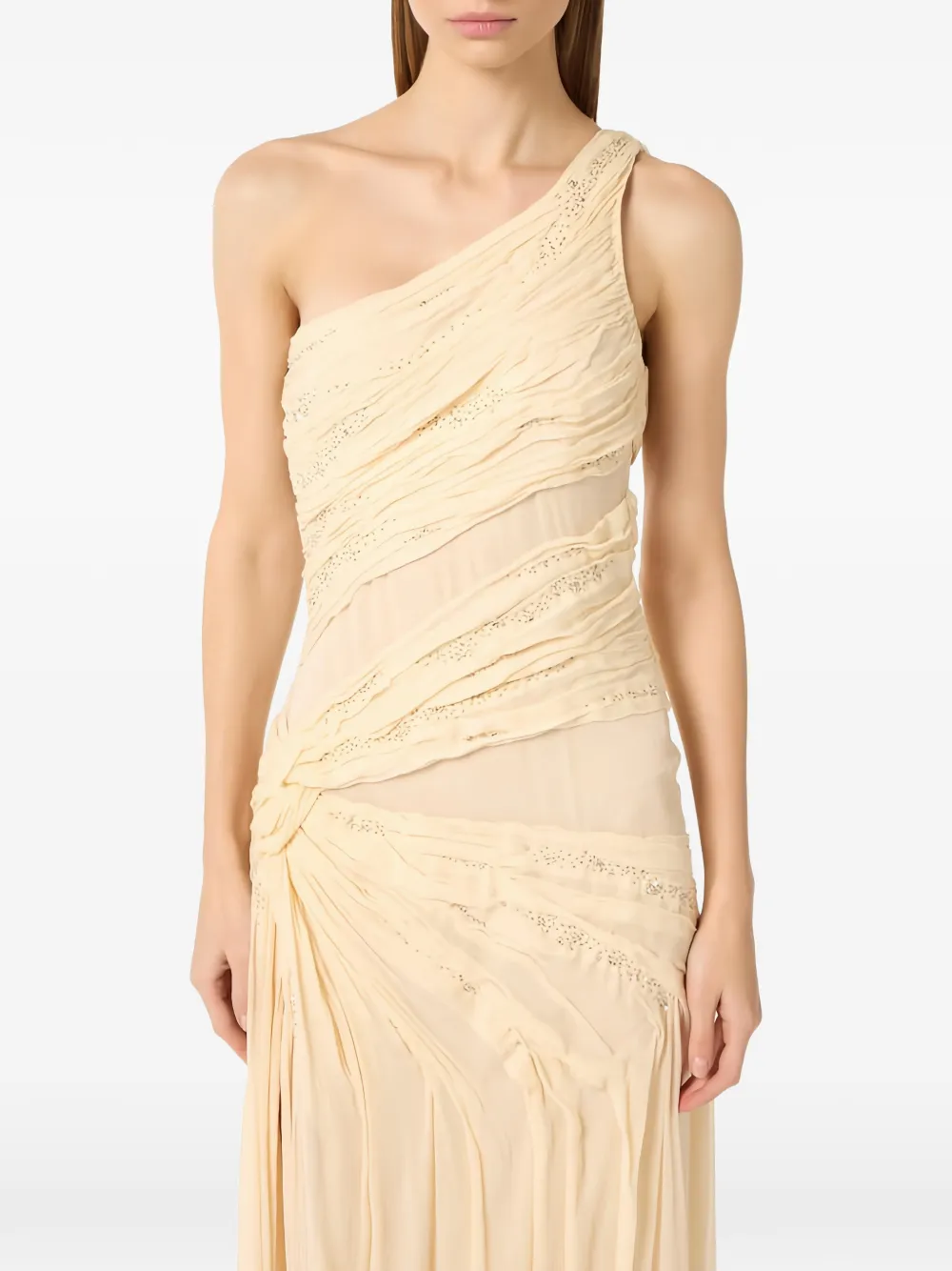 Elisabetta Franchi Asymmetrische maxi-jurk met kralen Beige