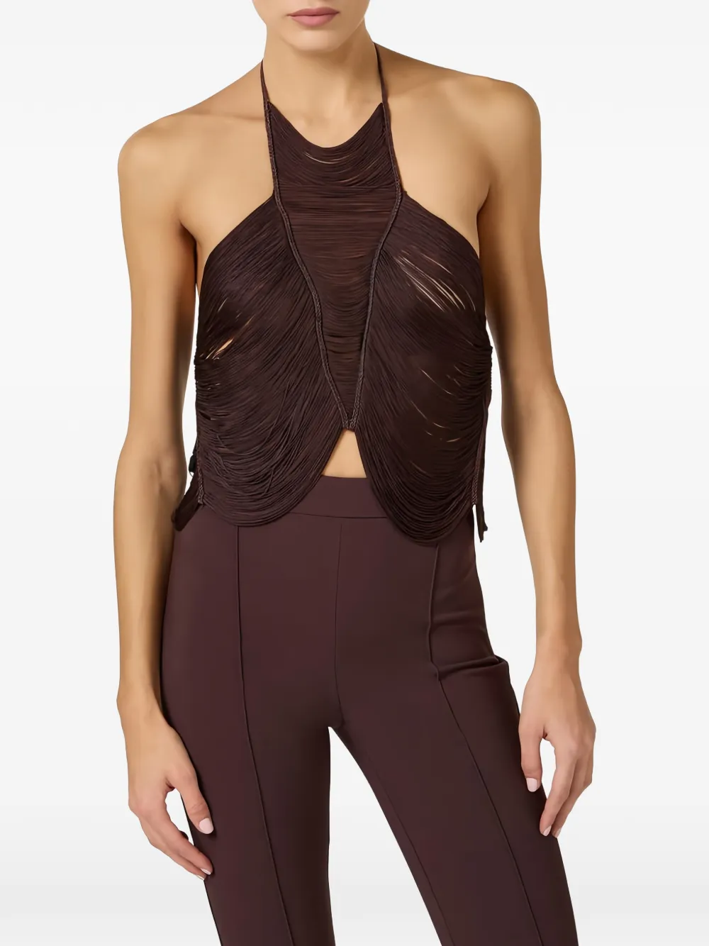 Elisabetta Franchi Top met halternek en franje Bruin