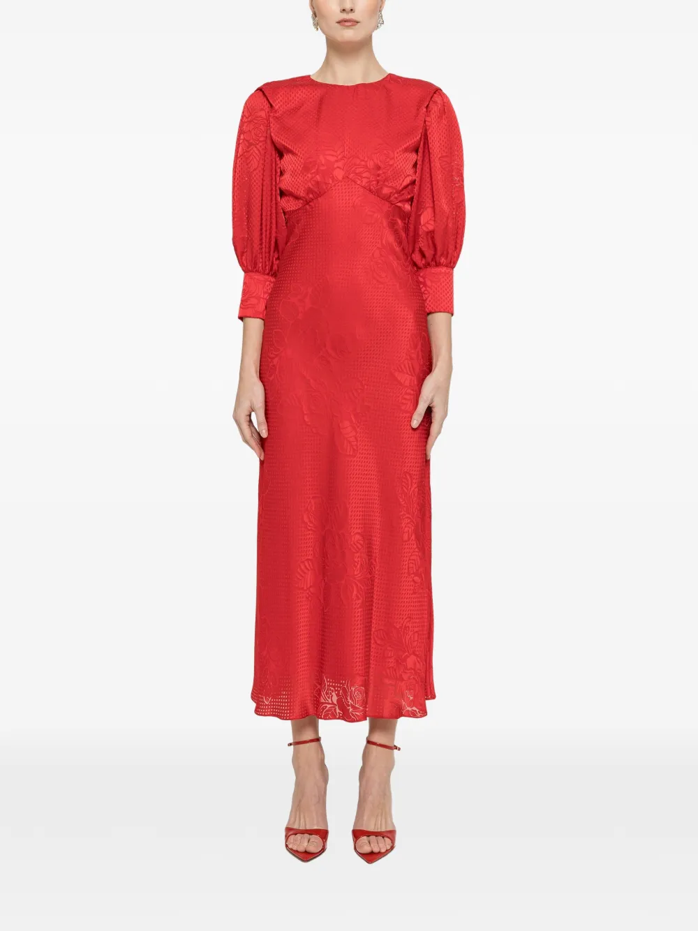 NISSA puff-sleeve midi dress - Rosso