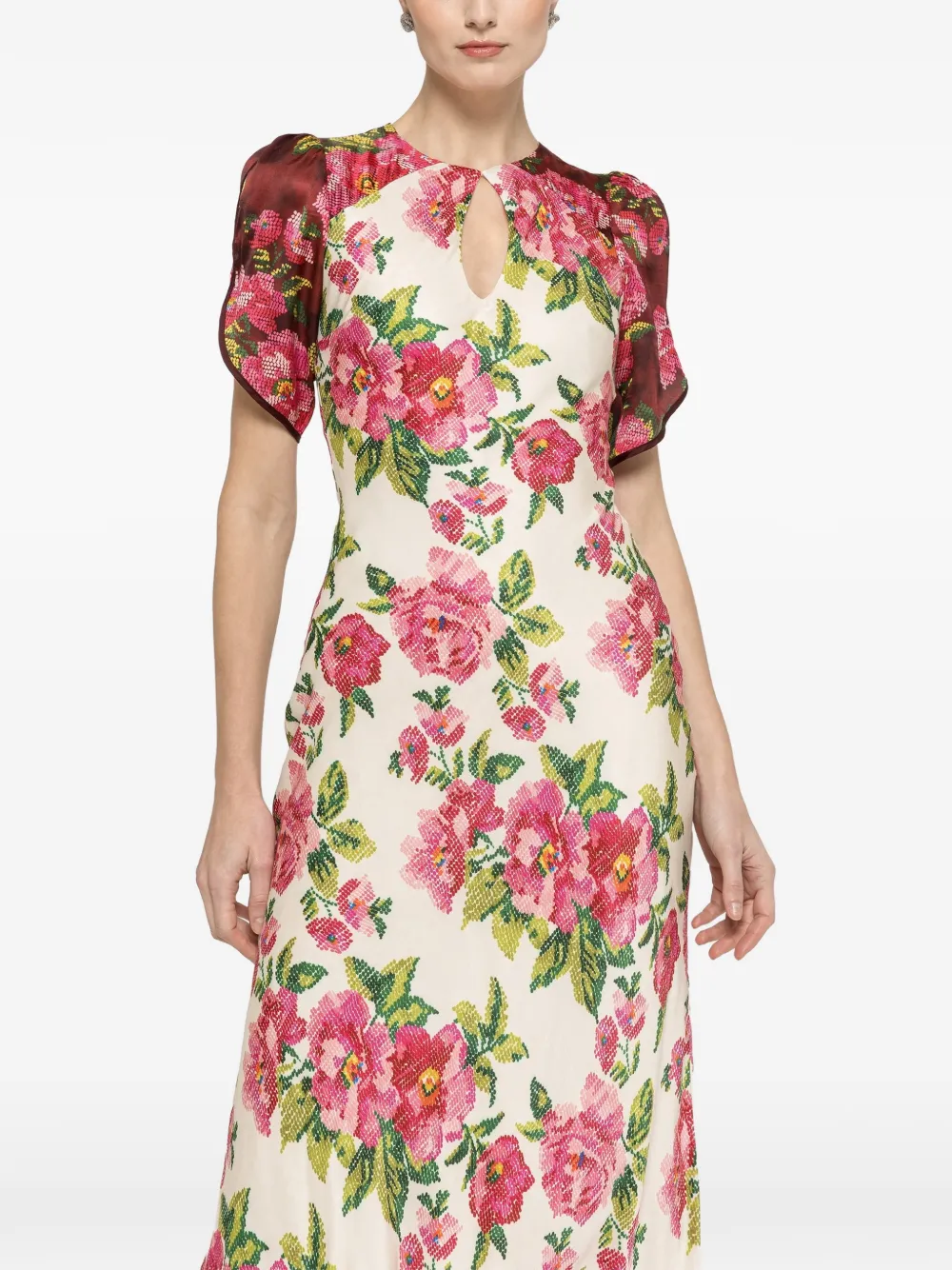 NISSA Viscose midi-jurk met bloemenprint Beige