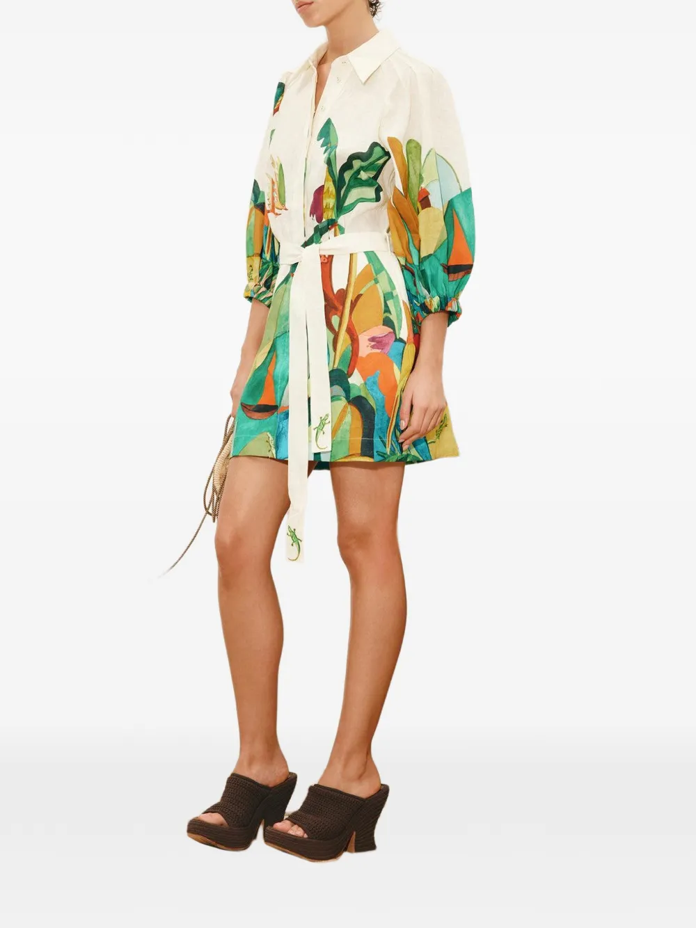 ALEMAIS Mokshini mini-jurk met pofmouwen en print Beige