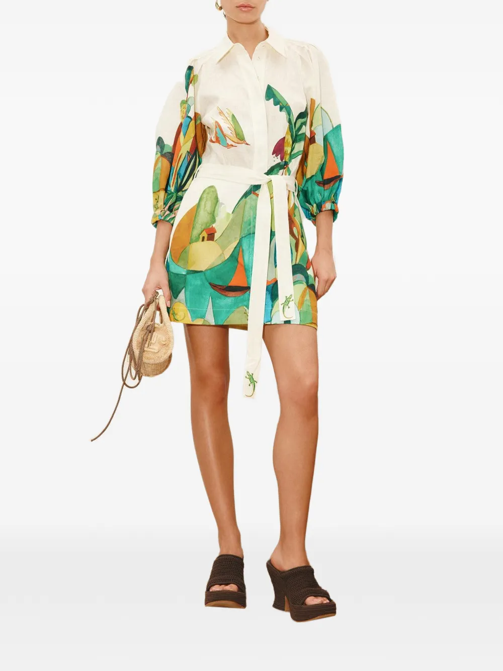 ALEMAIS Mokshini mini-jurk met pofmouwen en print Beige