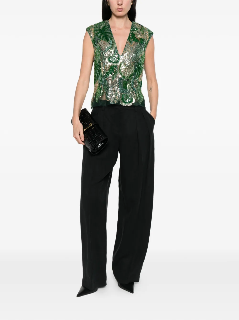  De Santis Sequin Embellished V-neck Top - Green 