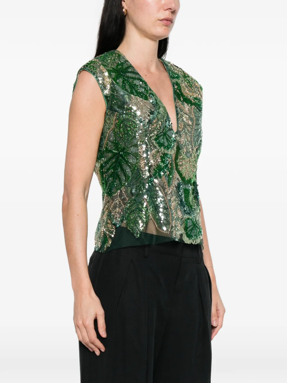  De Santis Sequin Embellished V-neck Top - Green 