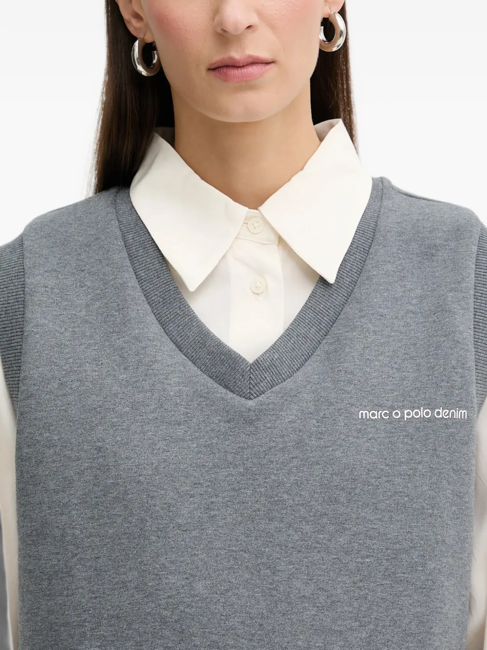 Marc O'Polo Trui met V-hals en logoprint Grijs