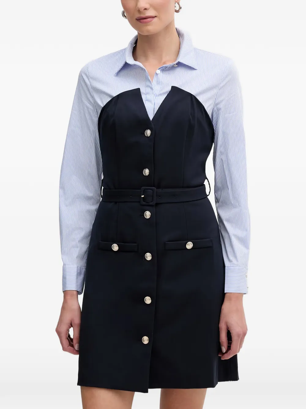 Morgan Button Belted Mini Dress In Blue