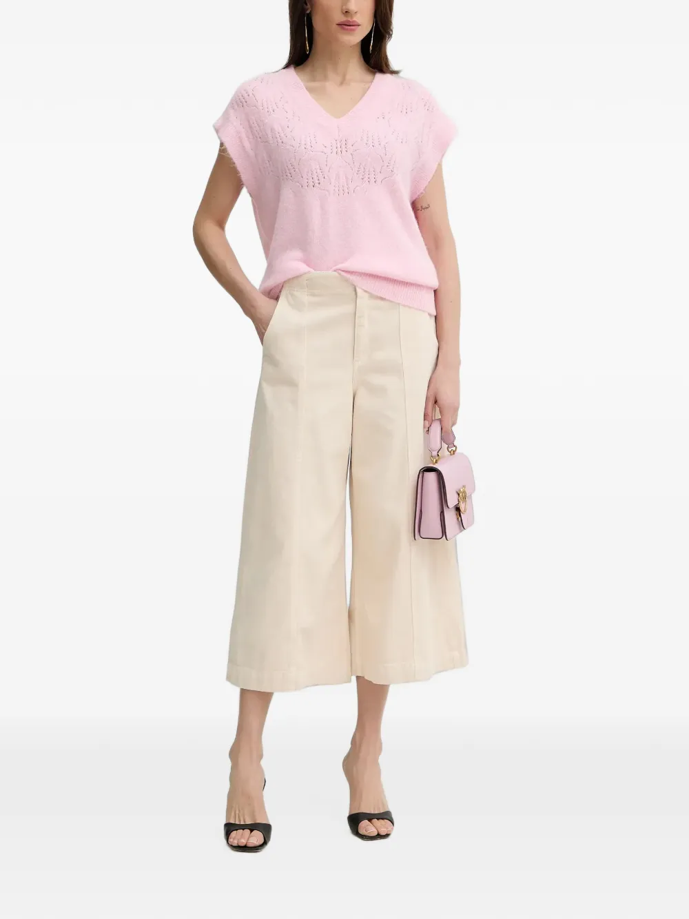 Morgan V-neck Openwork T-shirt In Pink