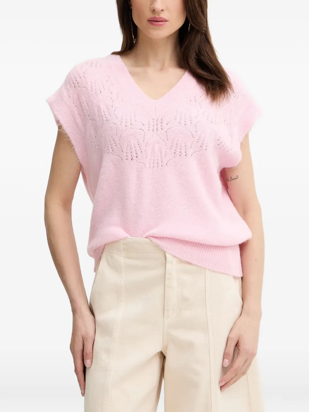 Morgan V-neck Openwork T-shirt In Pink