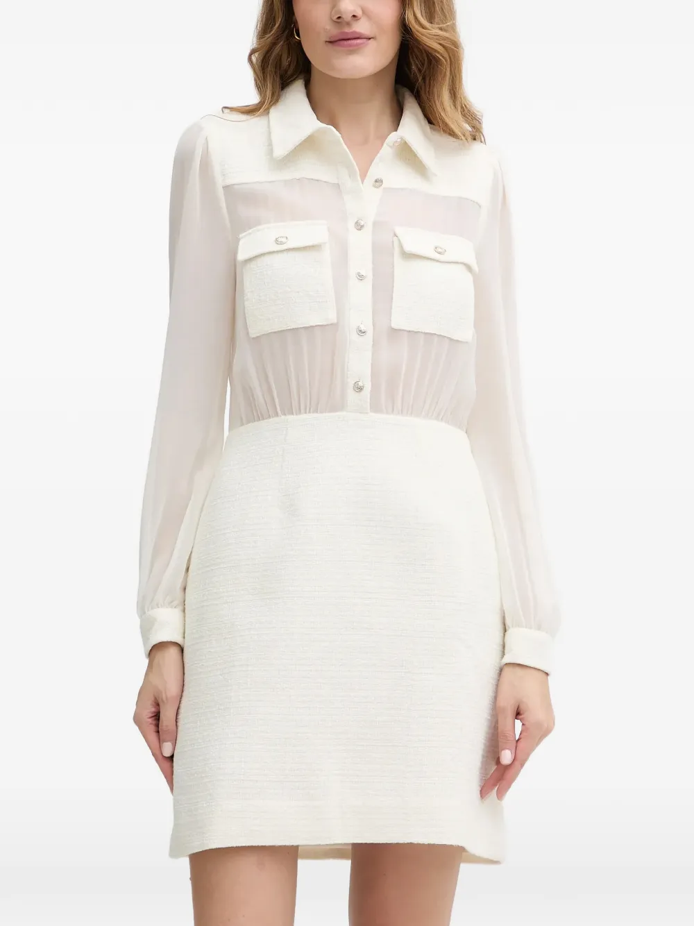 Morgan tweed-panelled sheer-sleeve mini dress - Toni neutri