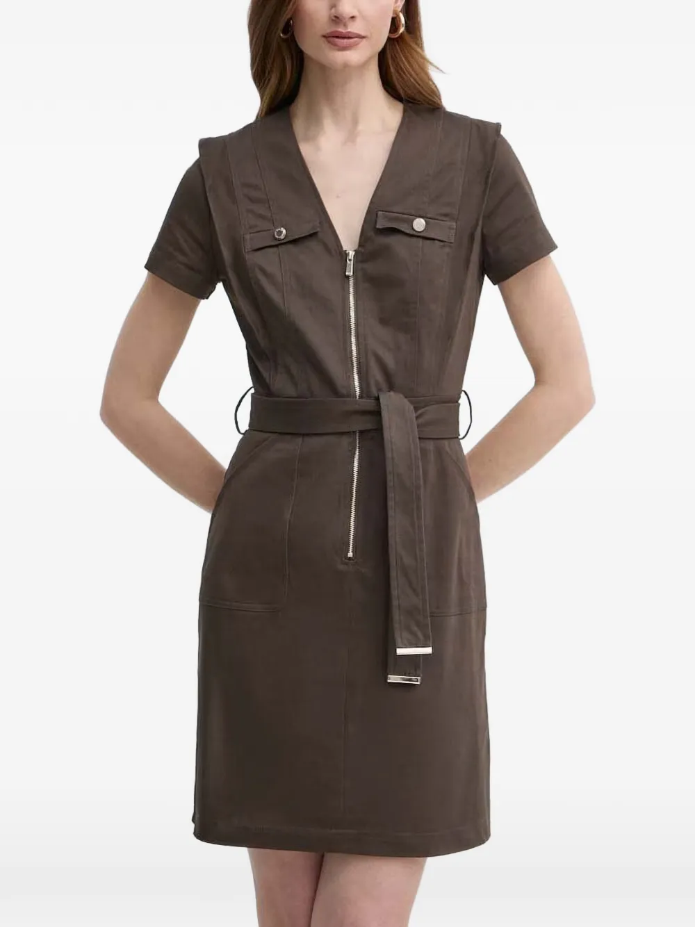 Morgan belted V-neck dress - Marrone