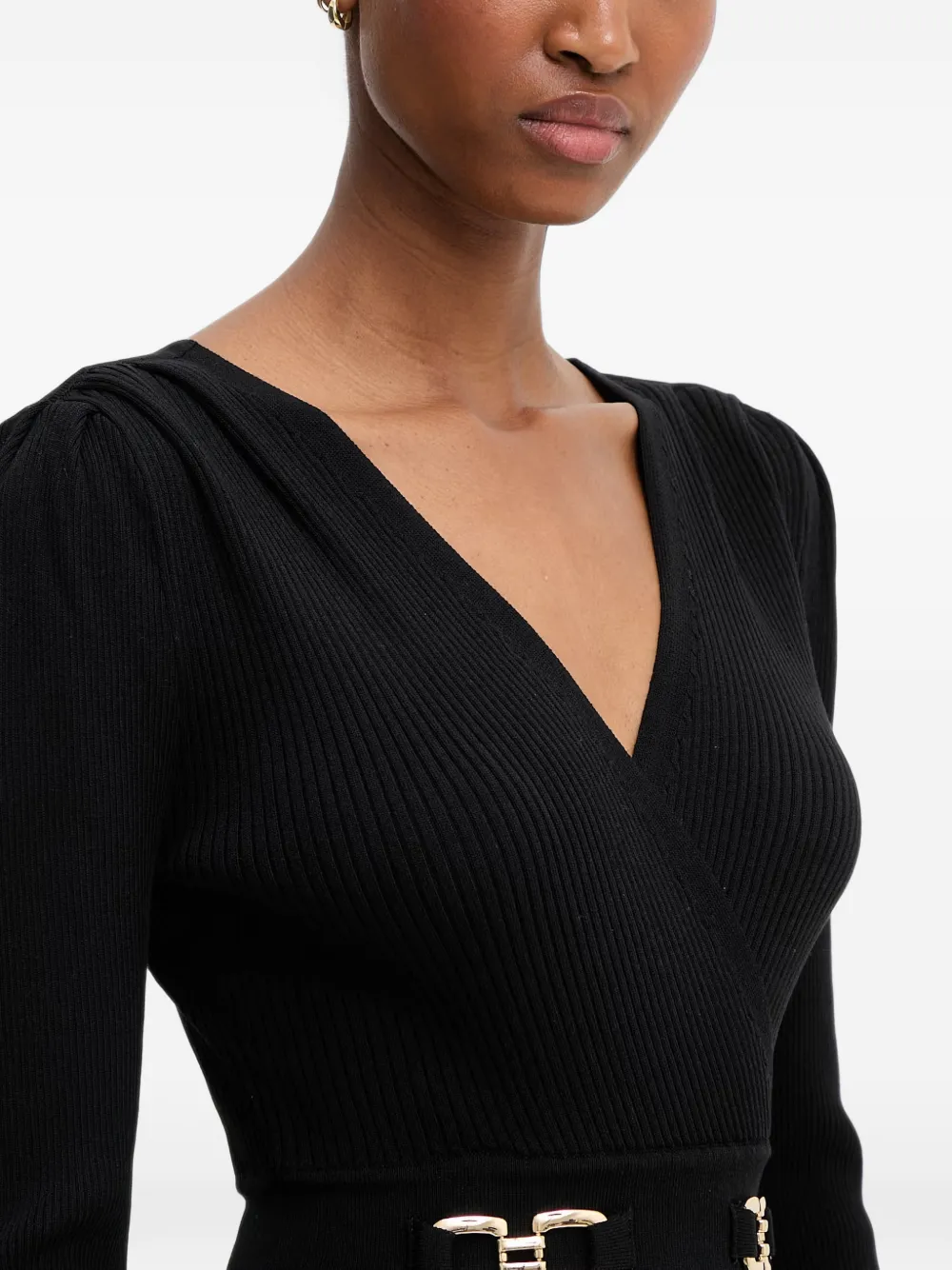 Morgan buckle-detail ribbed midi dress Zwart