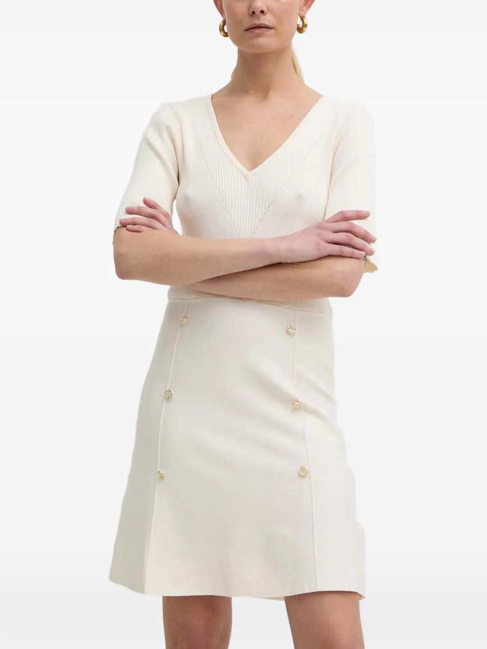 Morgan button-embellished V-neck mini dress Beige
