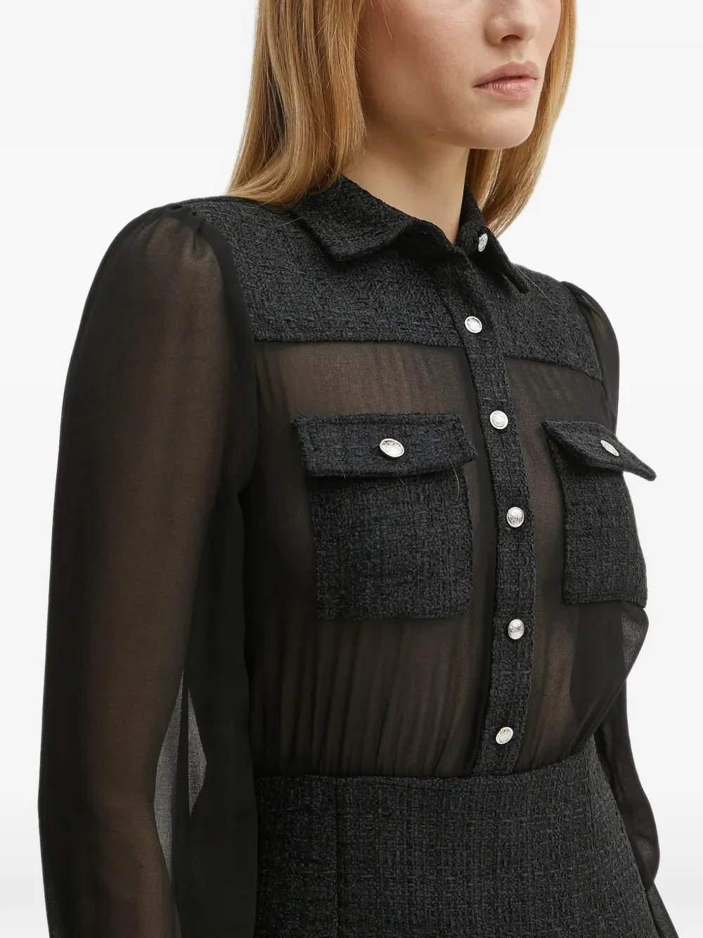 Morgan sheer-panel tweed mini dress Zwart