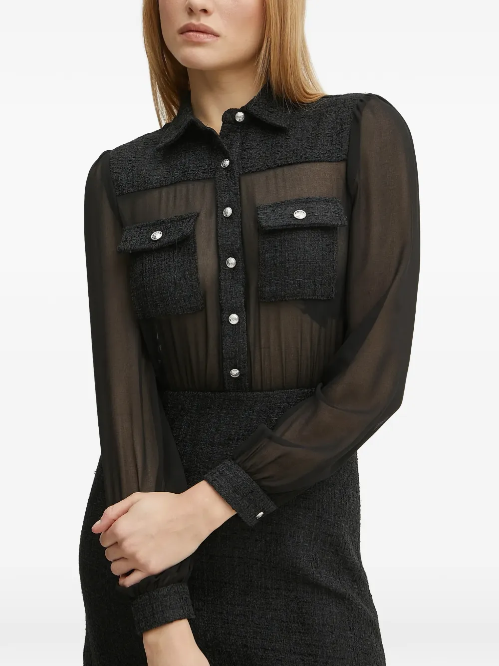 Morgan sheer-panel tweed mini dress Zwart