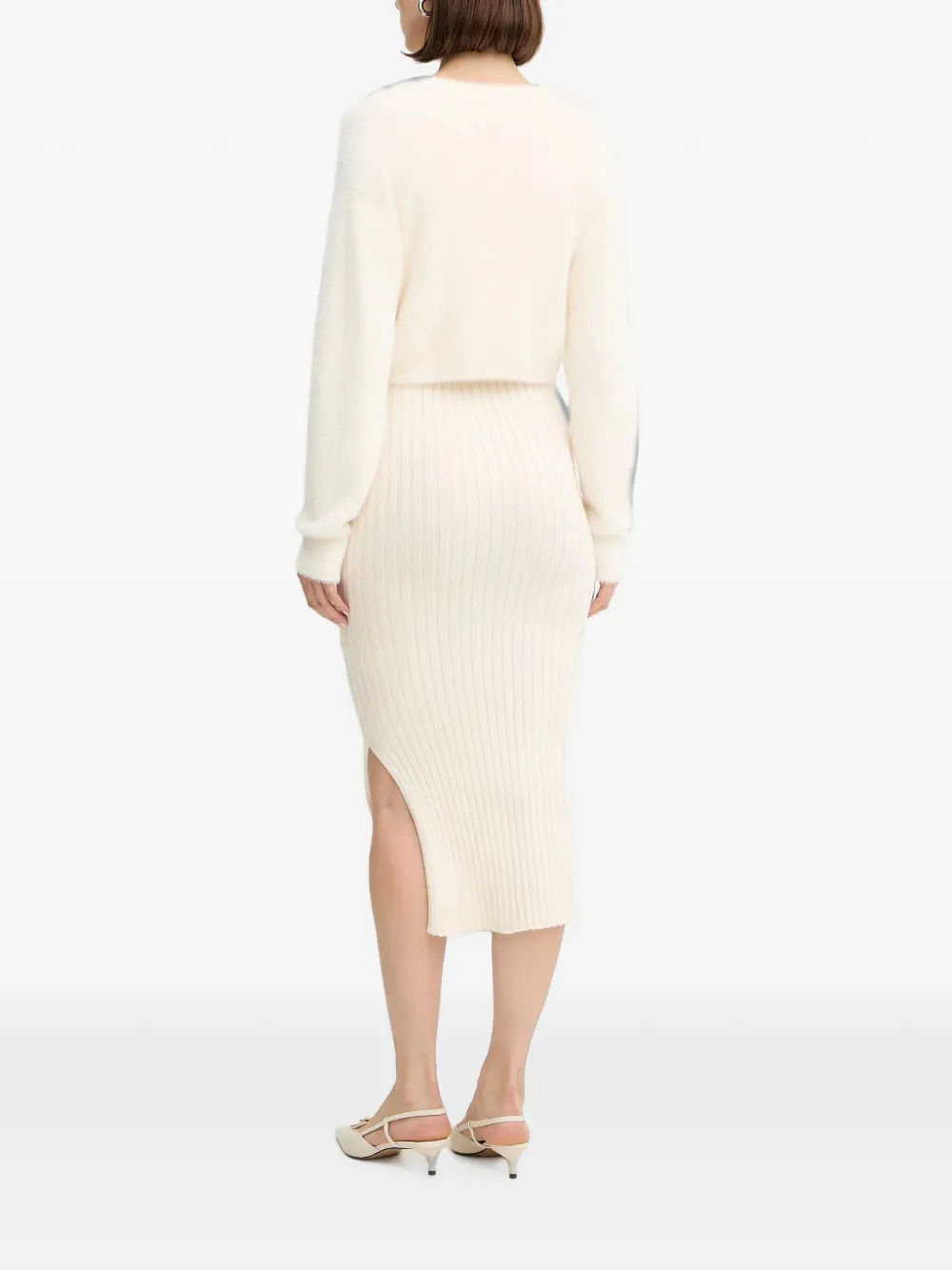 Morgan Ribgebreide set met vest en midi-jurk Beige