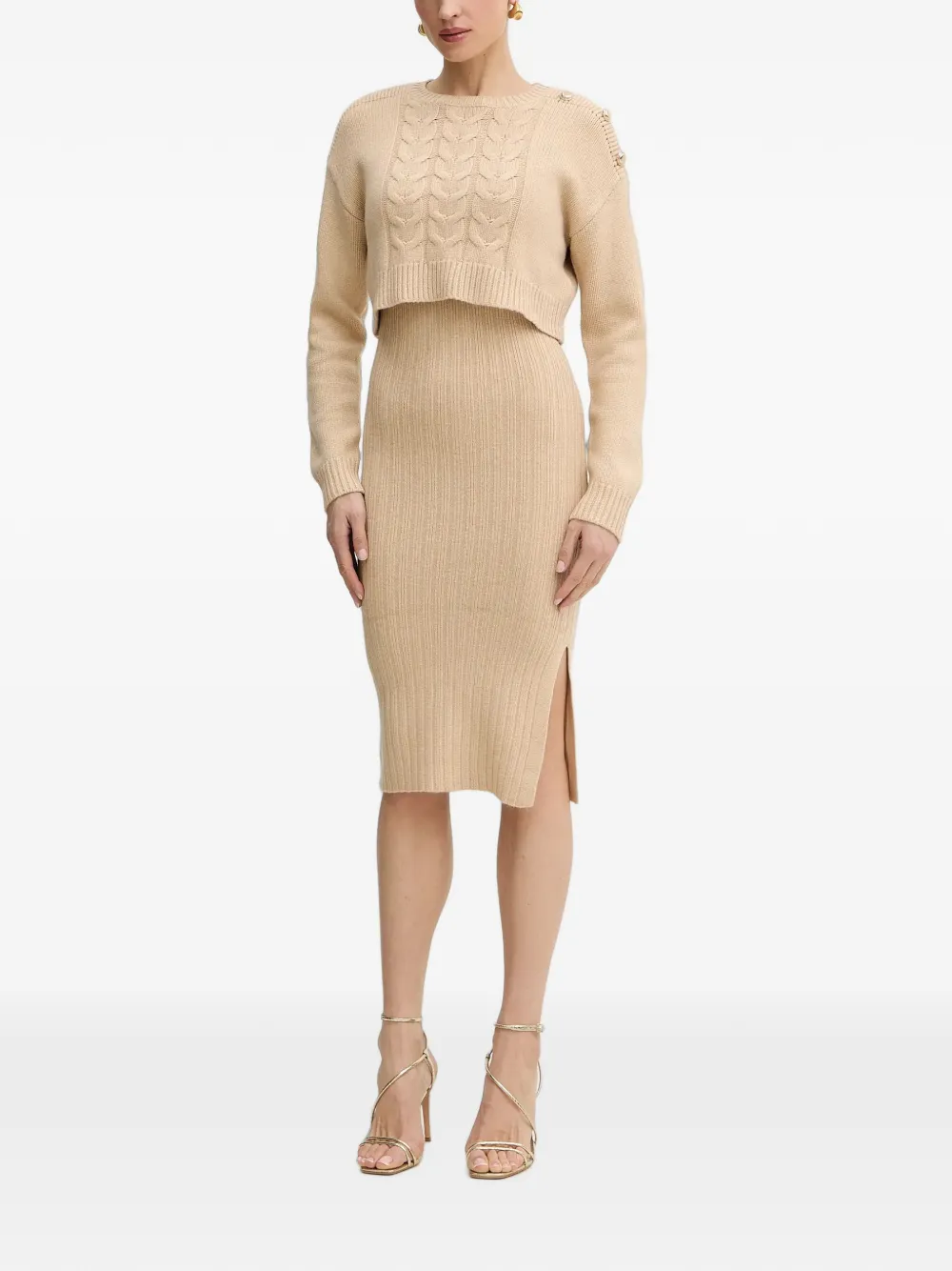 Morgan Kabelgebreide midi-jurk en trui met knoopdetail Beige