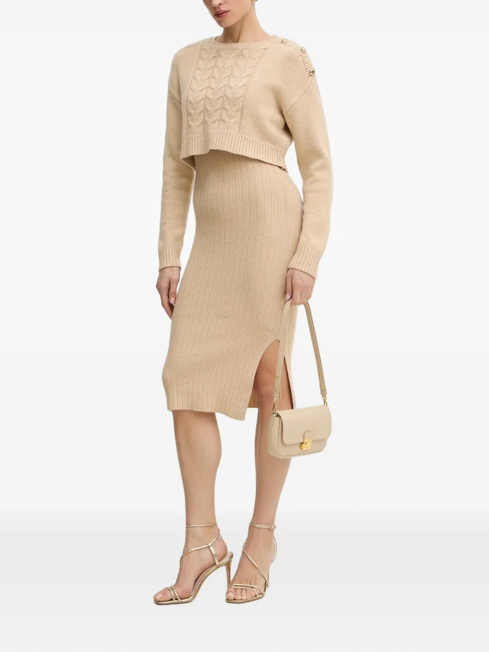 Morgan Kabelgebreide midi-jurk en trui met knoopdetail Beige