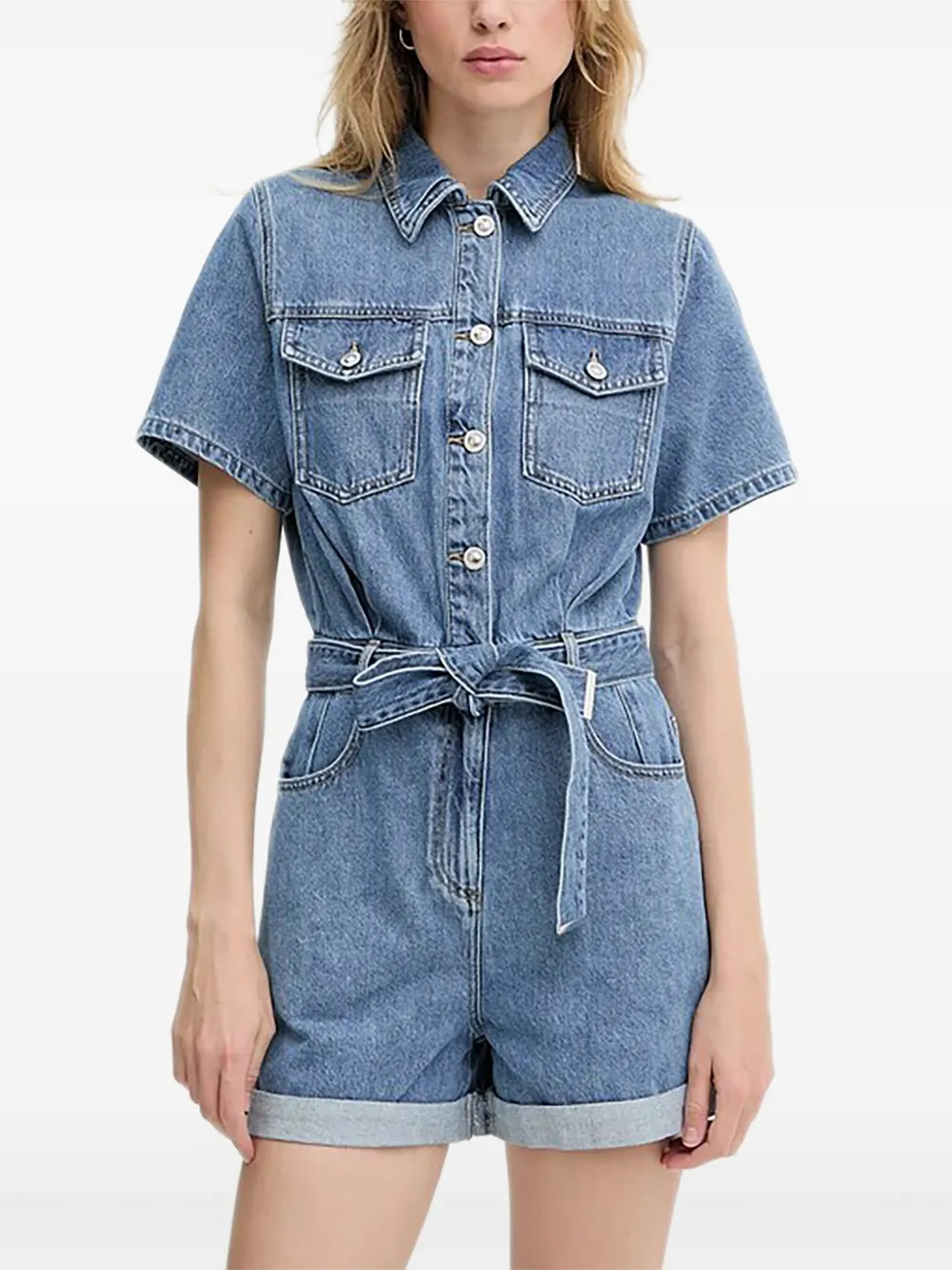 Morgan Denim Belted Playsuit In Blue