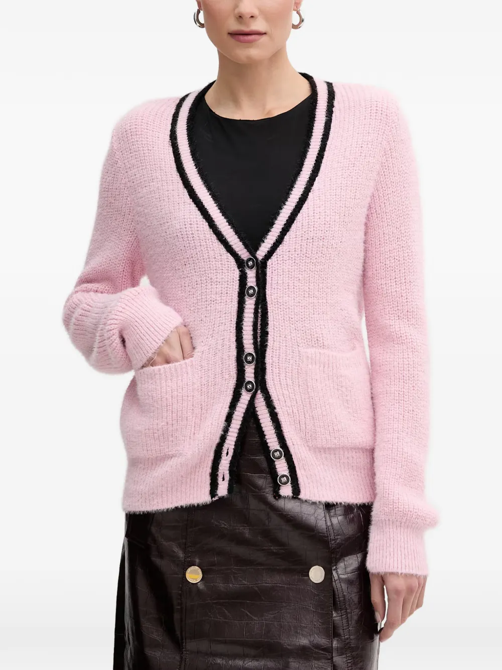 Morgan Button Contrasting-trim Cardigan In Pink