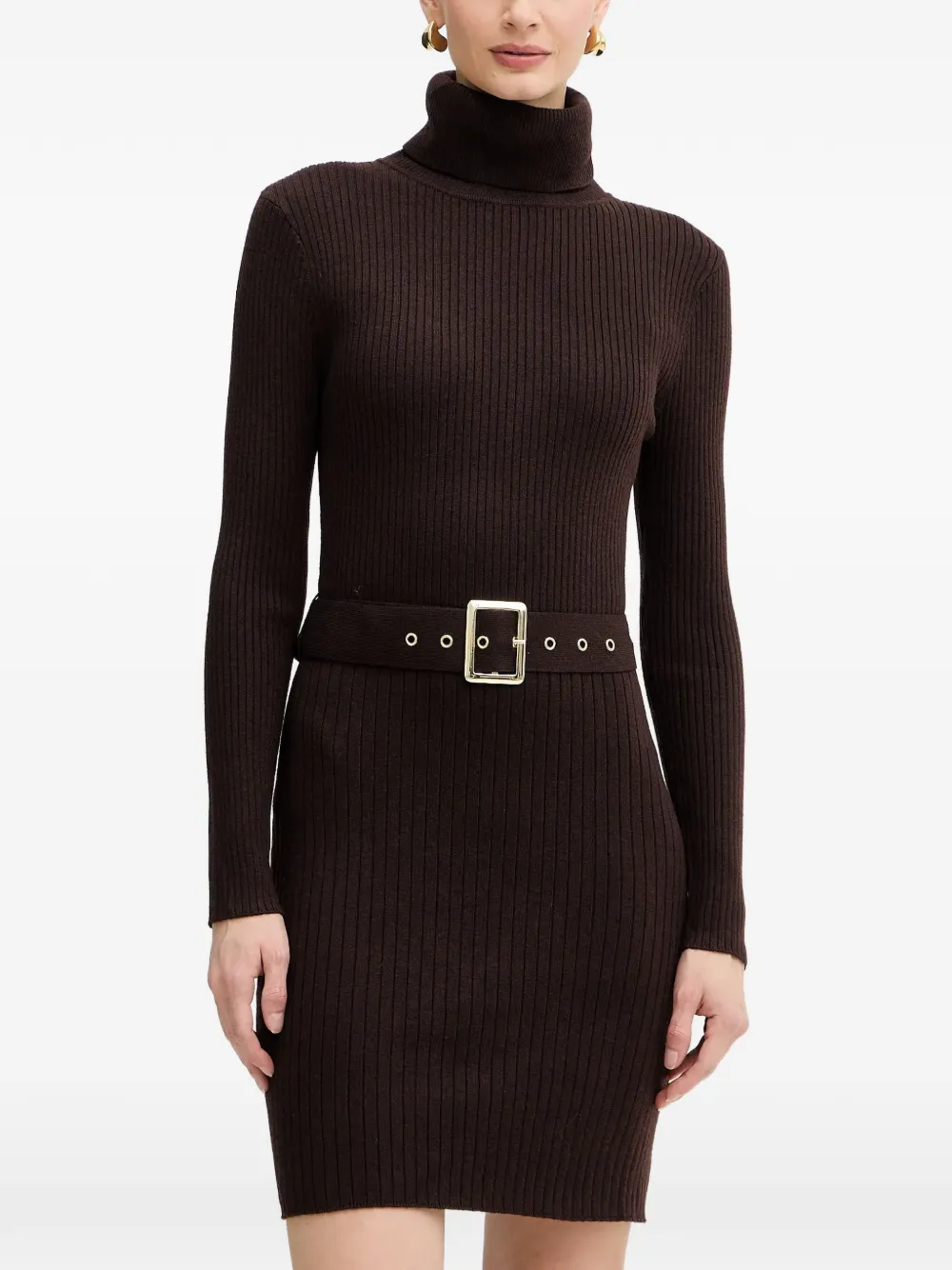 Morgan Roll-neck Belted Mini Dress In Brown