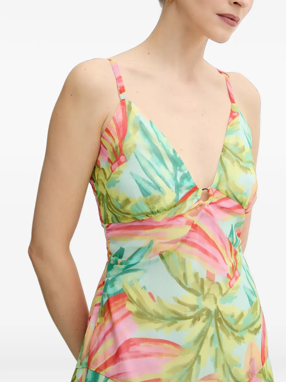 Morgan tropical-print tiered mini dress Groen