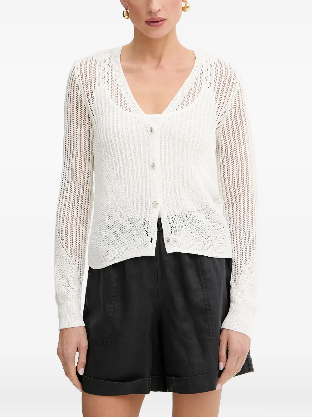 Morgan pointelle-knit button-up cardigan