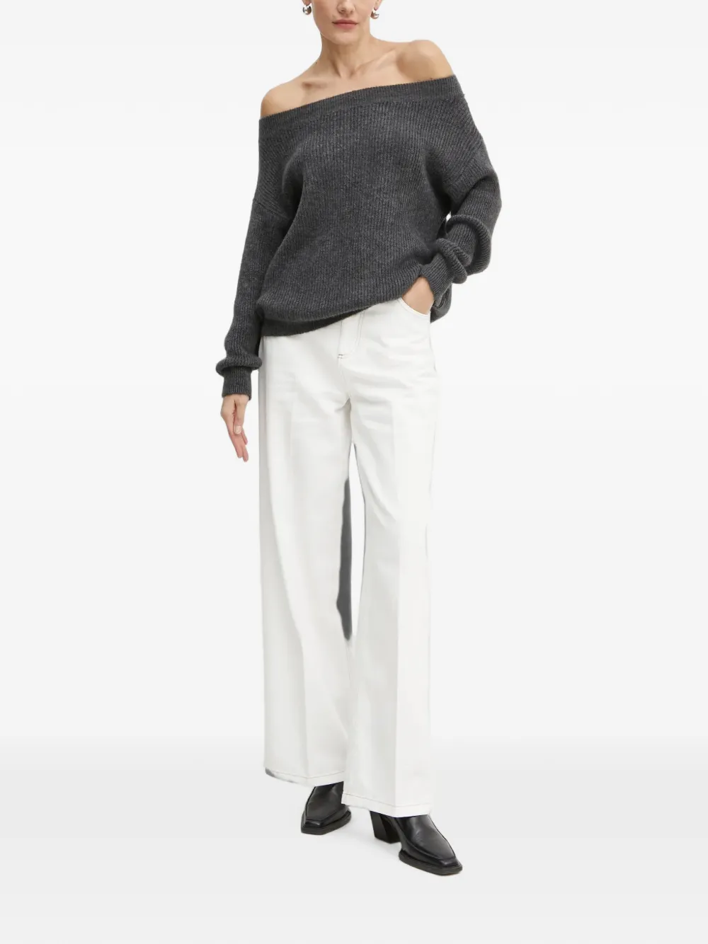 Morgan off-shoulder ribbed-knit sweater Grijs