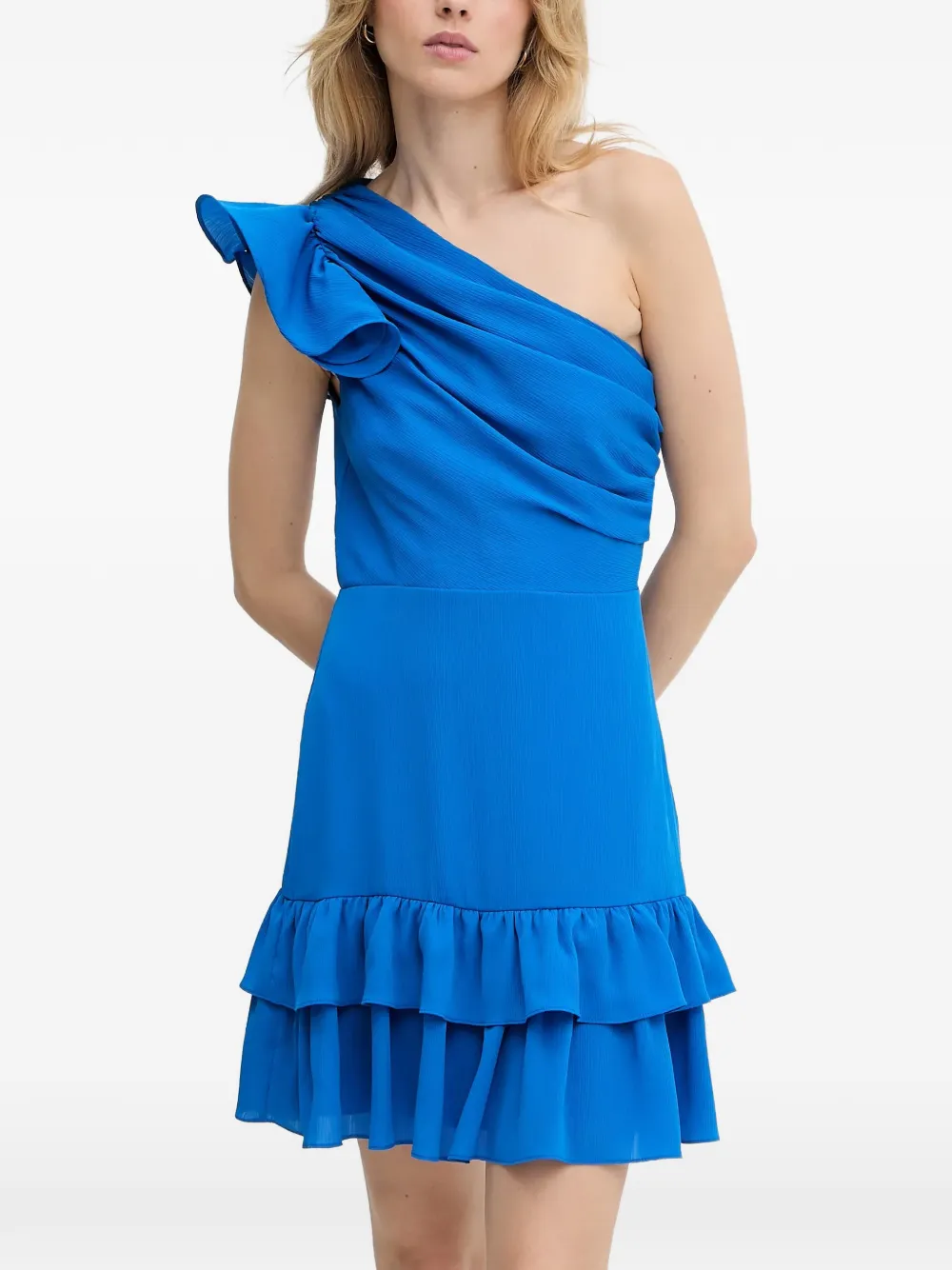 Morgan Ruffled-details One-shoulder Mini Dress In Blue