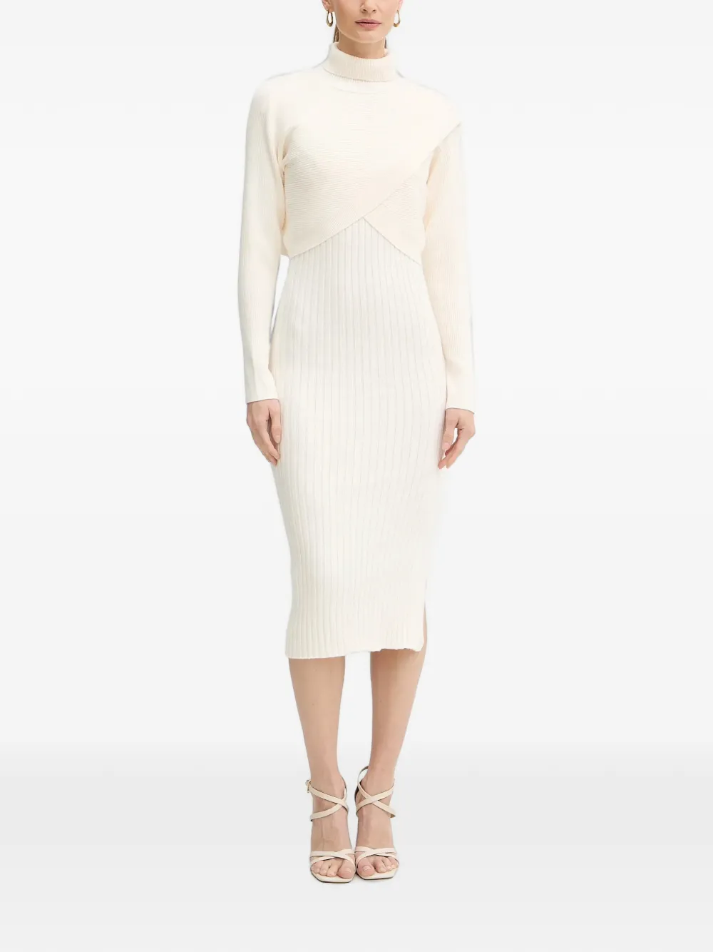 Morgan Roll-neck Ribbed Midi Dress In Neutrals