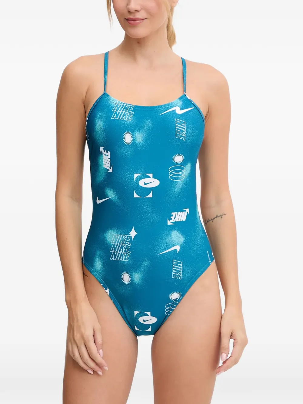 Nike logo-print metallic-effect swimsuit - Blu