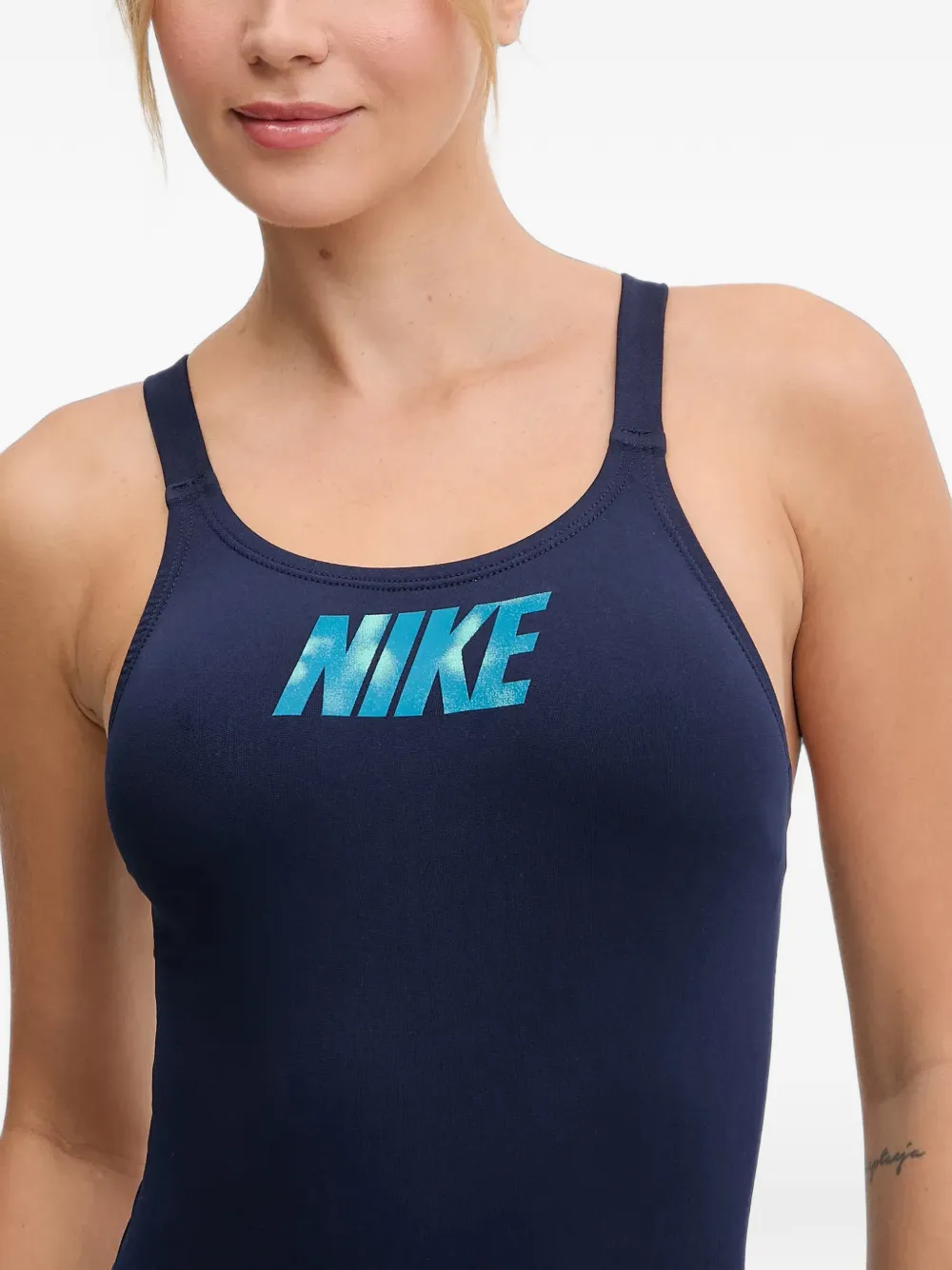 Nike logo-print crossover swimsuit Blauw