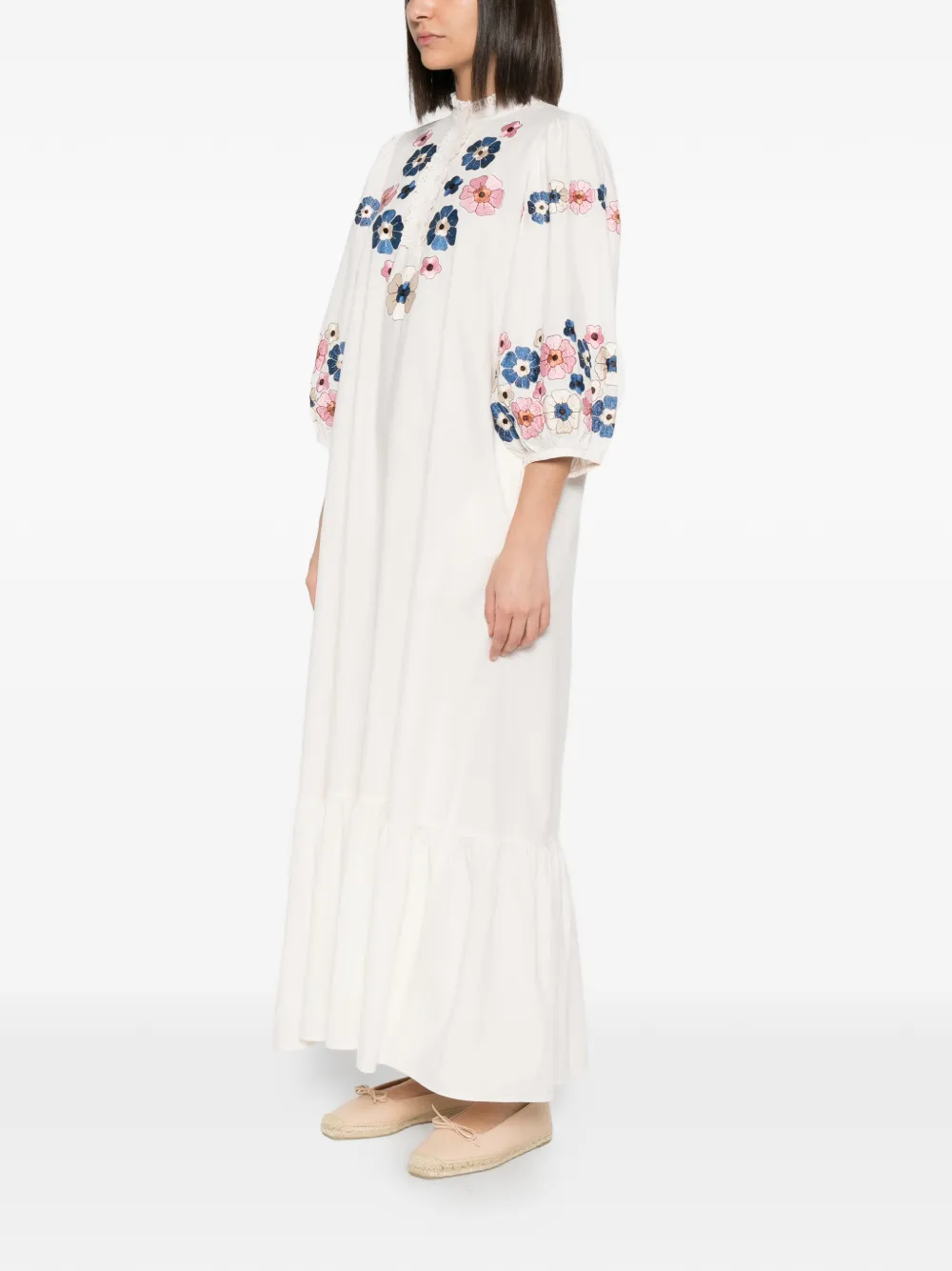 Antik Batik Amantina jurk met ruches en geborduurde bloemen Beige