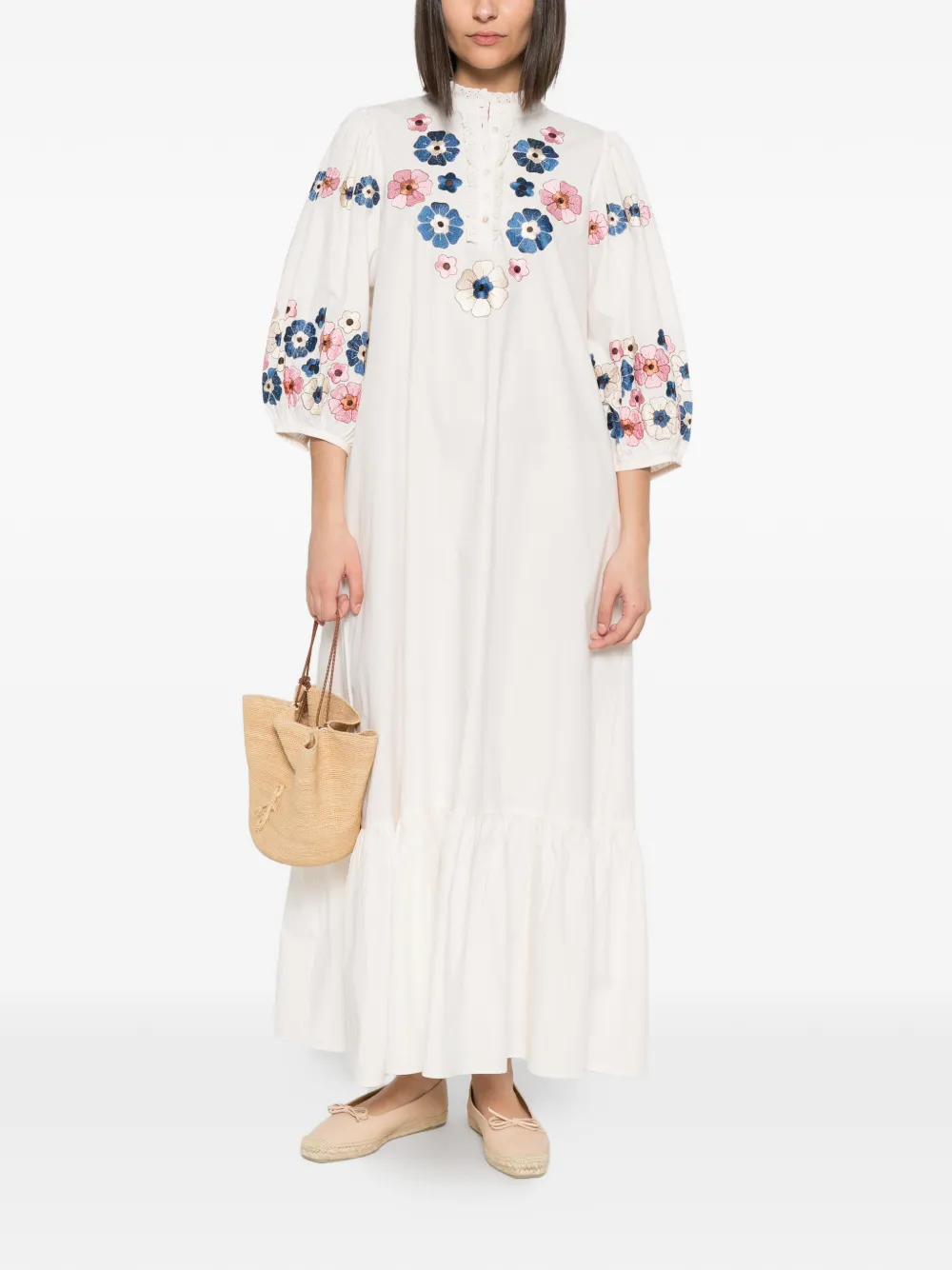 Antik Batik Amantina jurk met ruches en geborduurde bloemen Beige