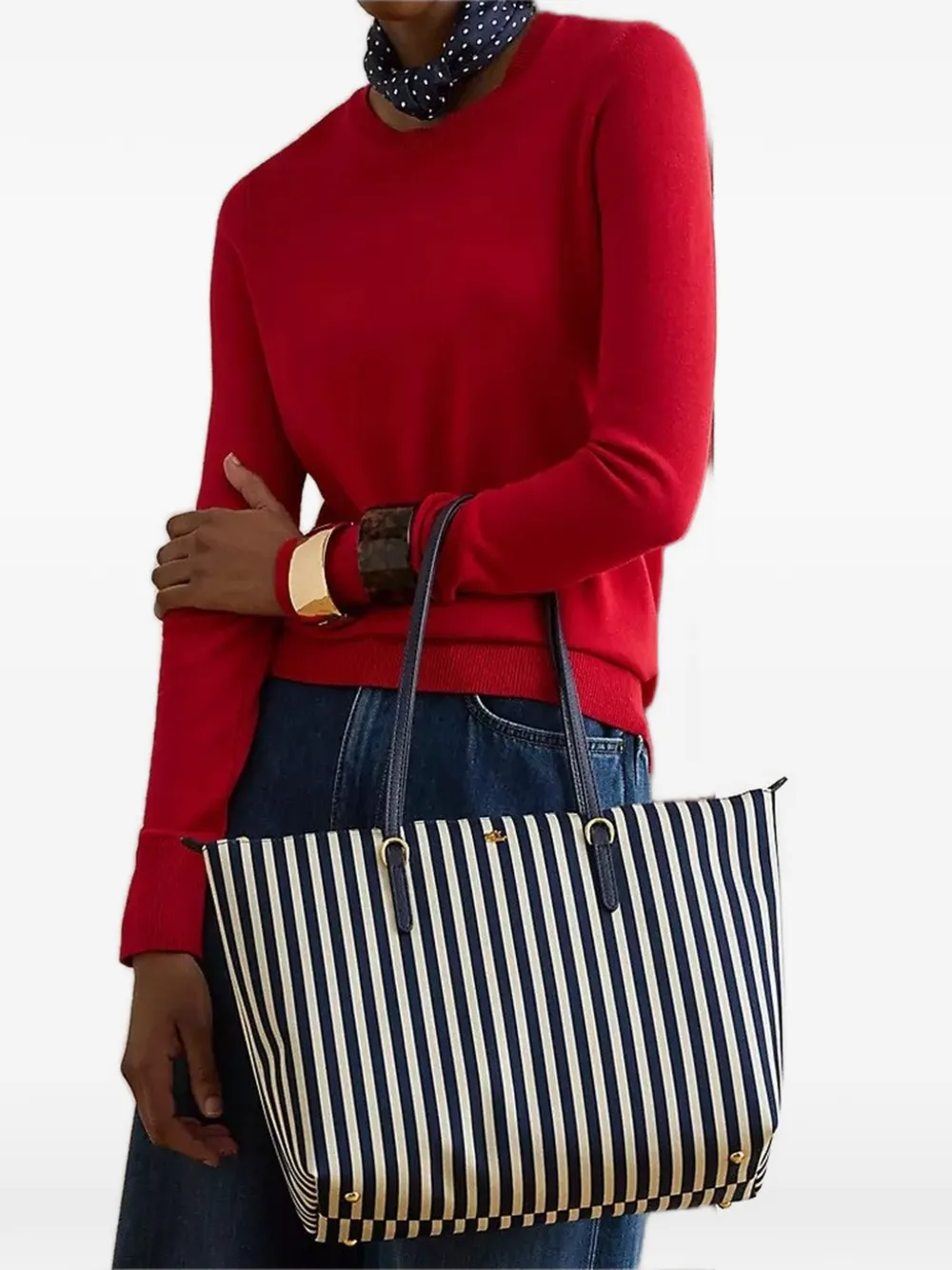 Lauren Ralph Lauren Gestreepte shopper met logoplakkaat Blauw