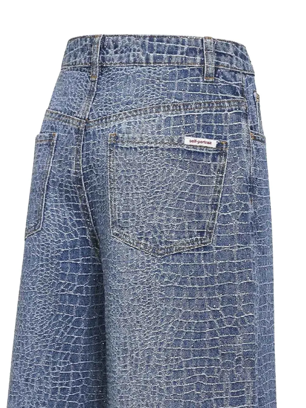 Self-Portrait Jeans met krokodillen-reliëf en stras Blauw