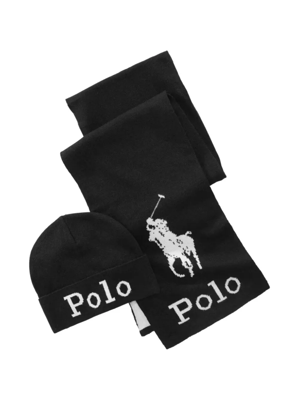 Polo Ralph Lauren Stacked Polo Pony jacquard scarf and beanie hat set - Nero