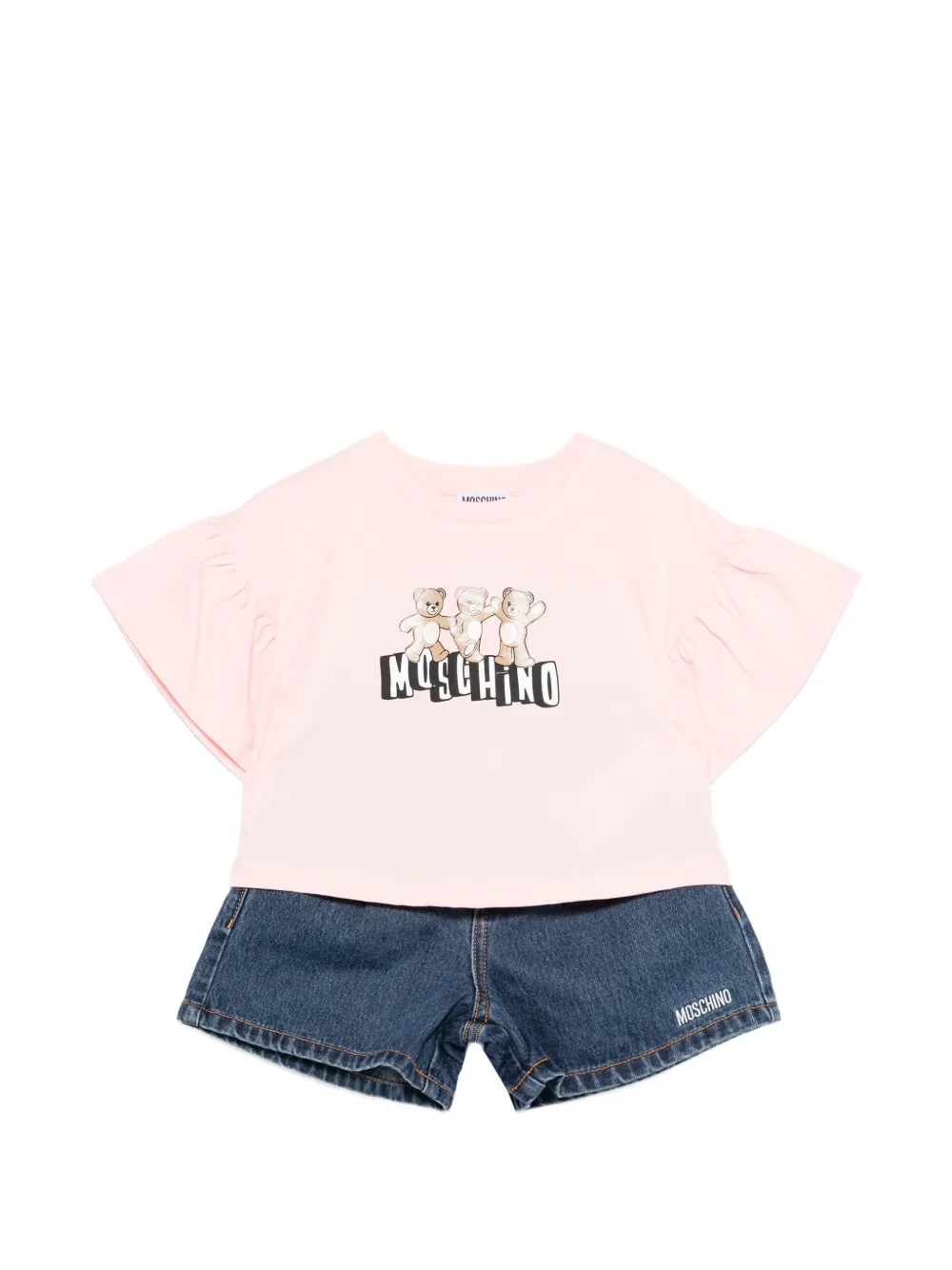Moschino Kids ruffled logo denim shorts set - Blau