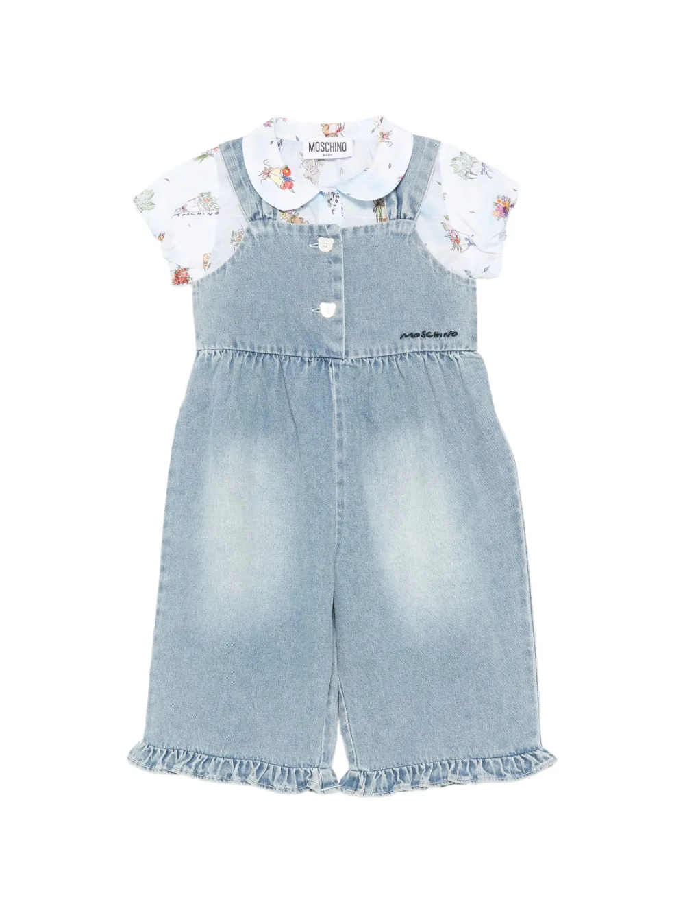 Moschino Kids peter-pan collar ruffle dungarees and blouse set - Blau