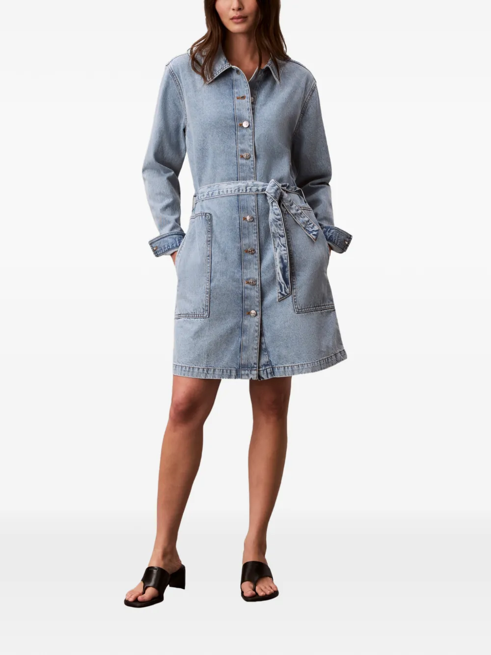  Calvin Klein Belted Buttoned Mini Dress - Blue 