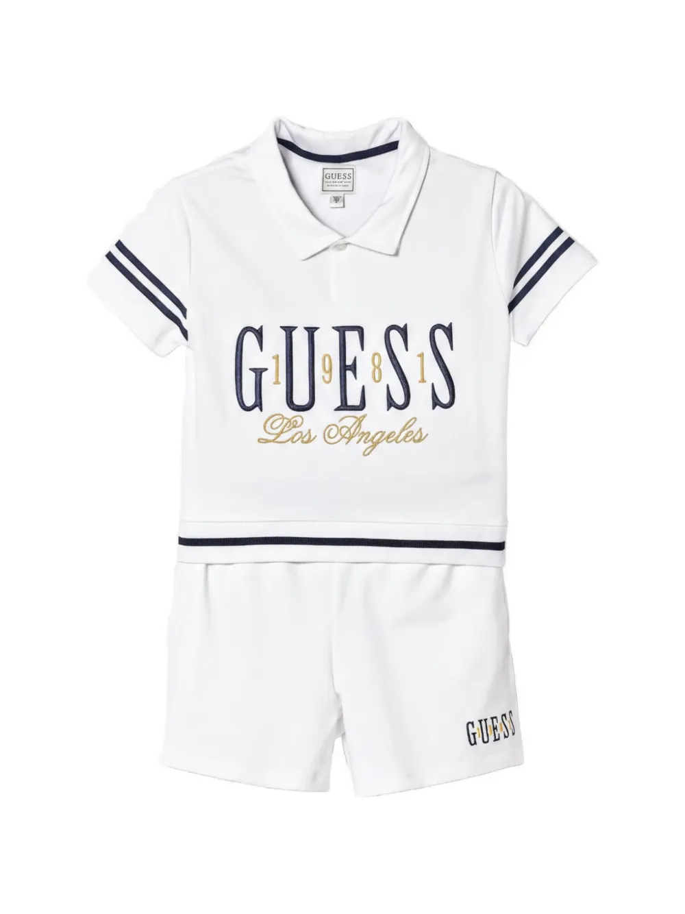 guess kids logo-embroidered striped polo top and shorts set - Weiß
